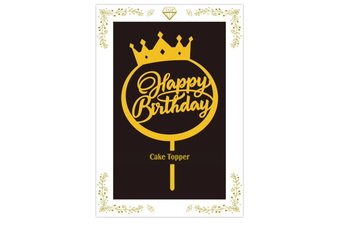 HAPPY BIRTHDAY CAKE TOPPER GOLD W CROWN
