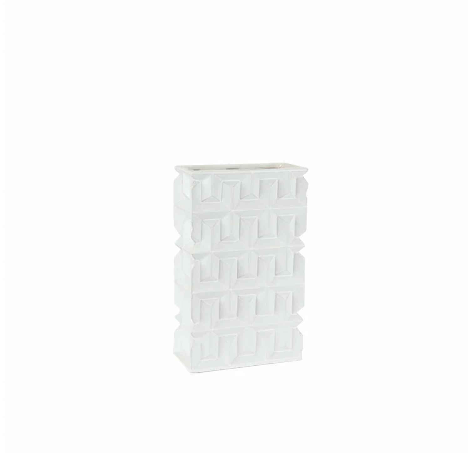 11”H X 6.75” X 3” WHITE EMBOSSED SQUARE CERAMIC VASE