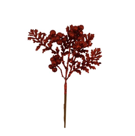 9”H RED GLITTER BERRY LEAF PICK