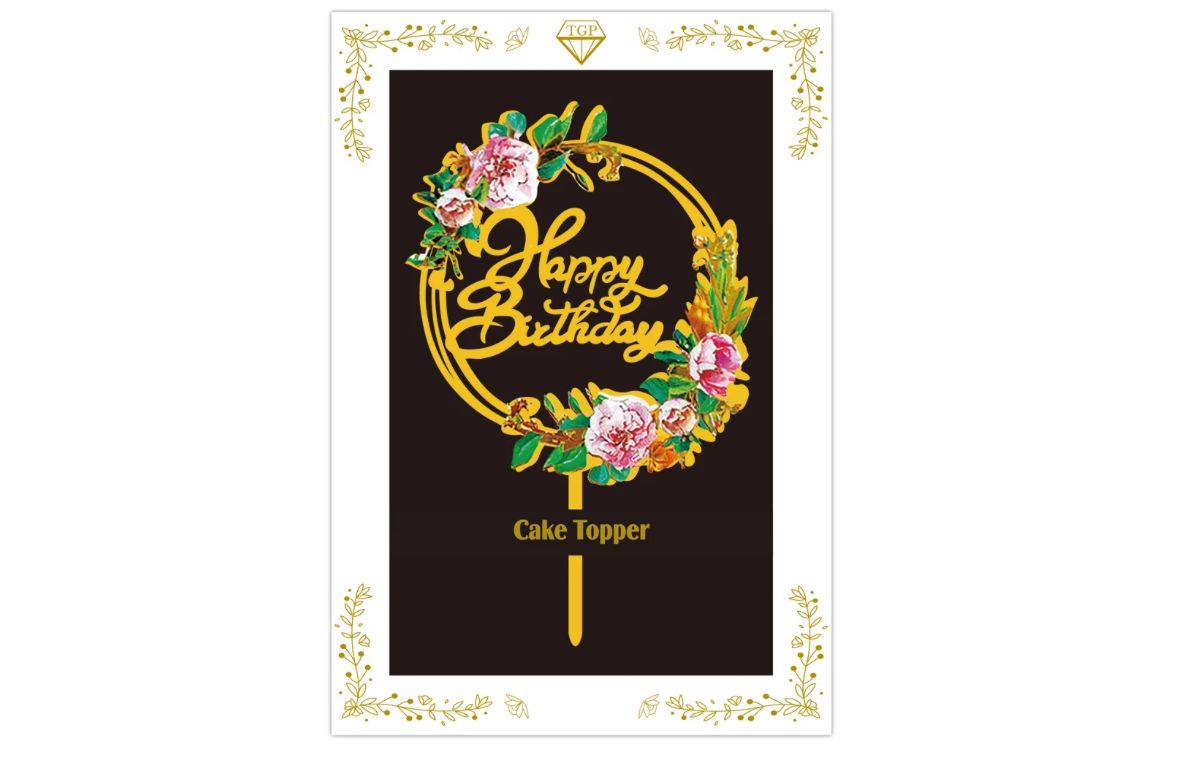 HAPPY BIRTHDAY CAKE TOPPER WITH FLOWERS