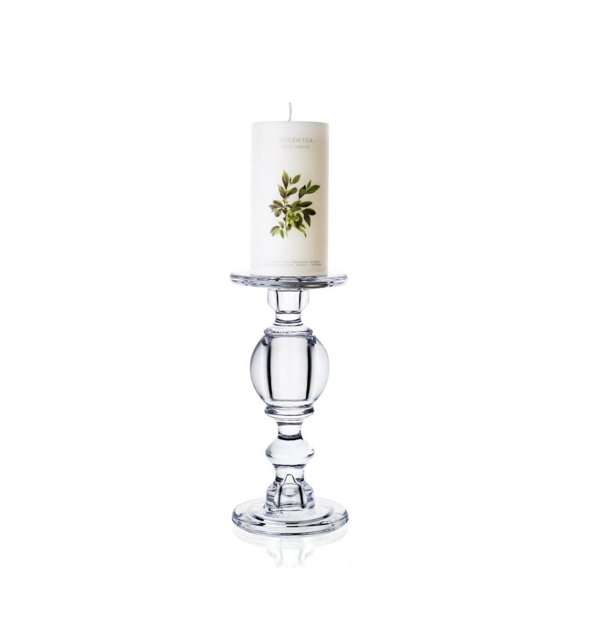 9.5”h x 4.5” GLASS PILLER AND TAPER CANDLE HOLDER