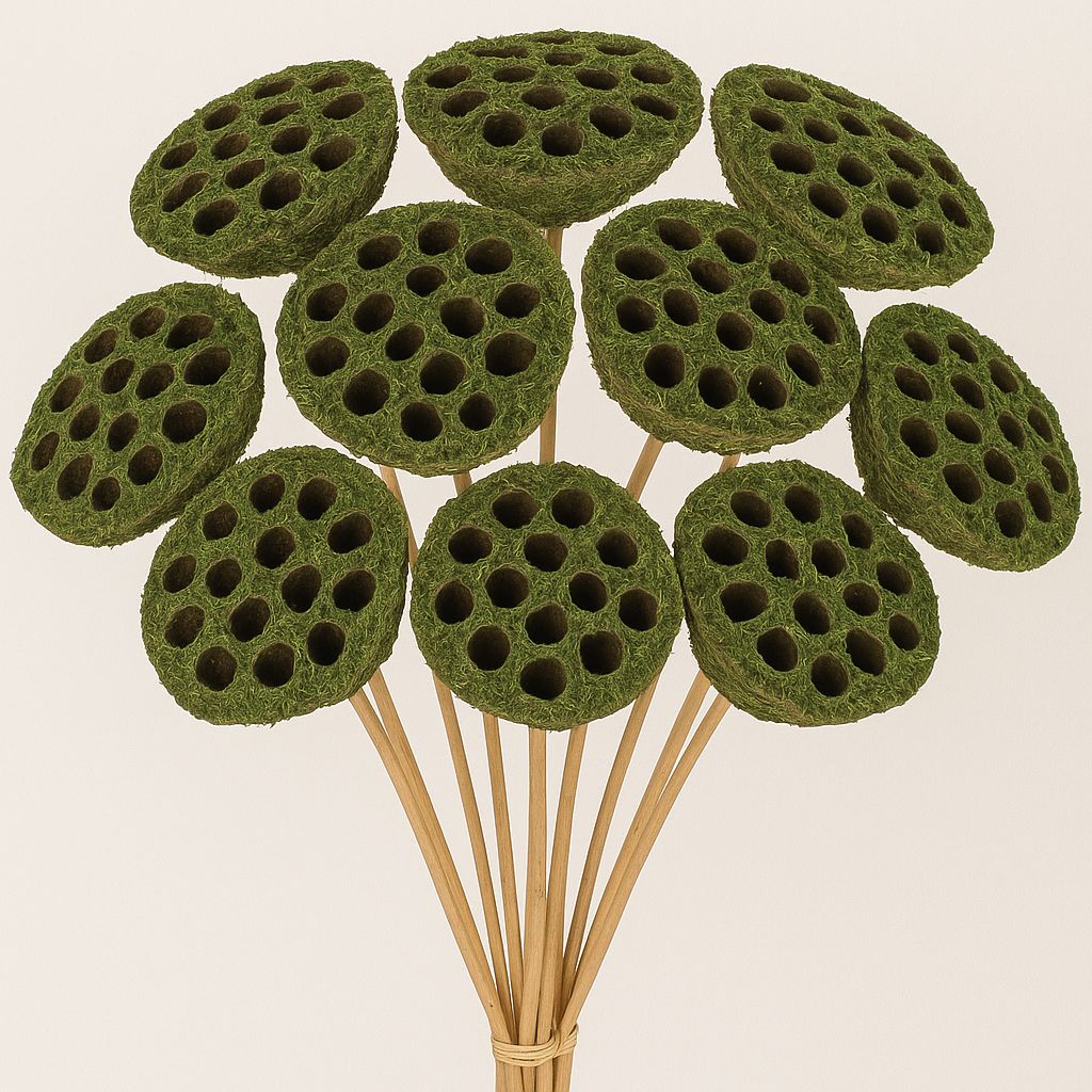 10PCS LOTUS PODS MOSS COATED, BAGGED AND PICKED 3-4" pods