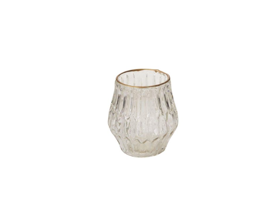 4”H X 3.5” CLEAR GLASS KATHERINE VOTIVE WITH GOLD LIP