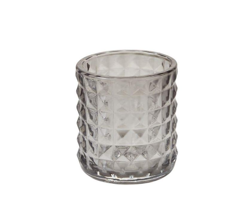 50% off was $6.39 now $3.20. 3.5”H X 3” SMOKED GLASS STUDDED VOTIVE HOLDER