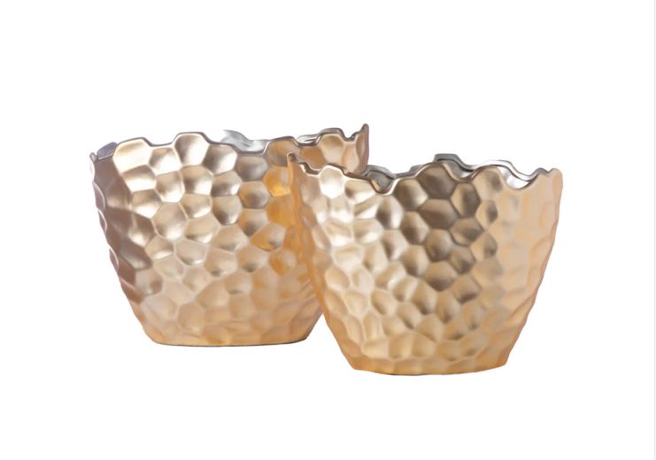 11.75”H X 9”W X 14.5”L LARGE CHAMPAGNE CERAMIC GEOMETRIC TALL BOAT EYE VASE