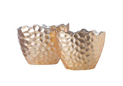 11.75”H X 9”W X 14.5”L LARGE CHAMPAGNE CERAMIC GEOMETRIC TALL BOAT EYE VASE