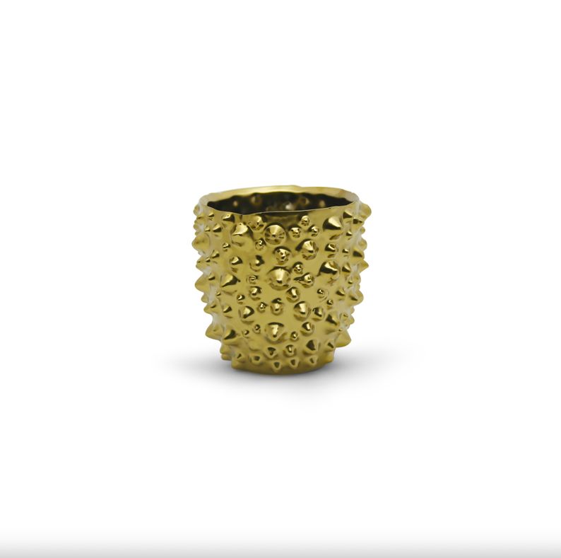 40% off was $18 now $10.79. 5.1”H X 5.3” GOLD CERAMIC SPIKE CACTI VASE/POT