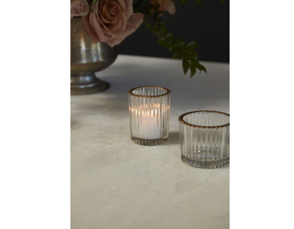 2.75”H X 2.25” CLEAR GLASS FLUTED RITZY VOTIVE WITH GOLD LIP