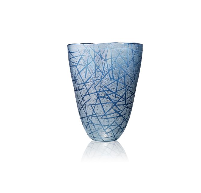 40% off was $56 now $33.59. 11”H X 9” BLUE GLASS CRISS CROSS VASE