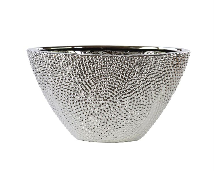 7”H X 6.75”W X 13.25”L SILVER CERAMIC BOAT EYE BEADED TAPERED VASE