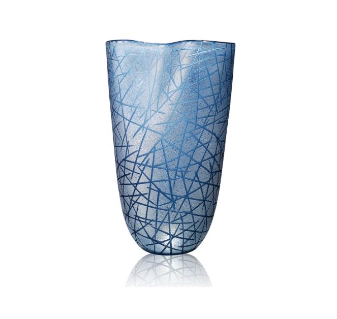 40% off was $70 now $41.99. 14.25”H X 10.25” BLUE GLASS CRISS CROSS VASE