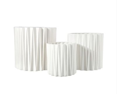 7.5”H X 8”LARGE WHITE CERAMIC CYLINDER WITH VERTICAL EMBOSSED