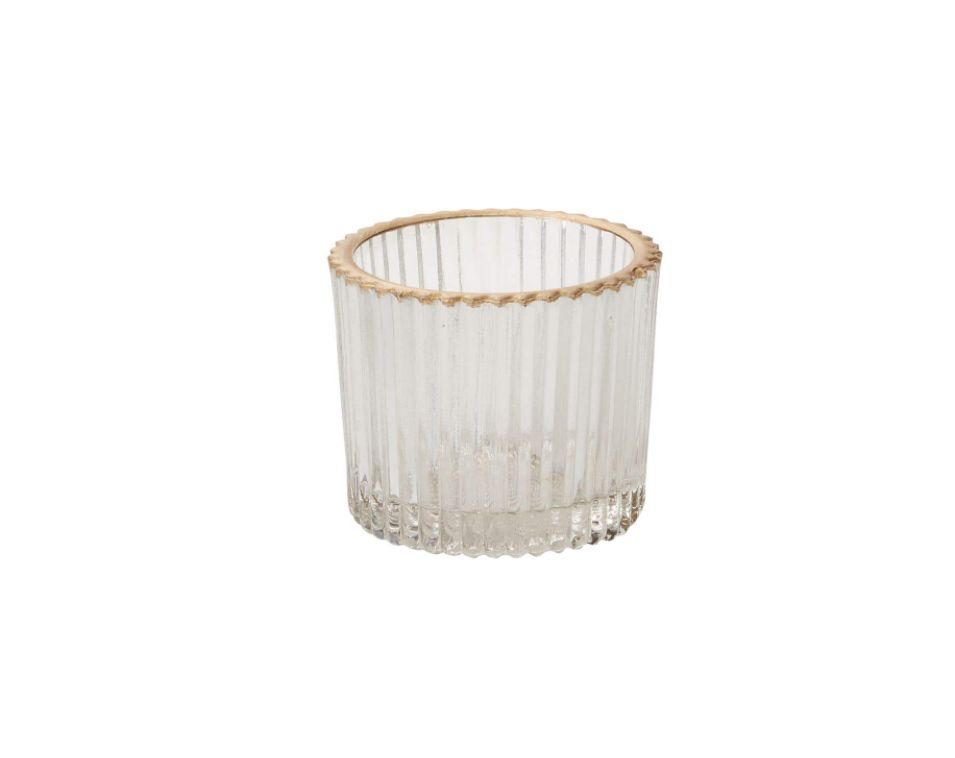 2.25” X 3” CLEAR GLASS FLUTED RITZY VOTIVE WITH GOLD LIP