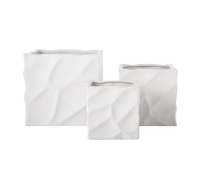 5” X 5” X 5” SMALL WHITE CERAMIC SQAURE POT WITH PRESSED ABSTRACT