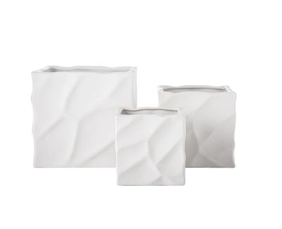 5” X 5” X 5” SMALL WHITE CERAMIC SQAURE POT WITH PRESSED ABSTRACT