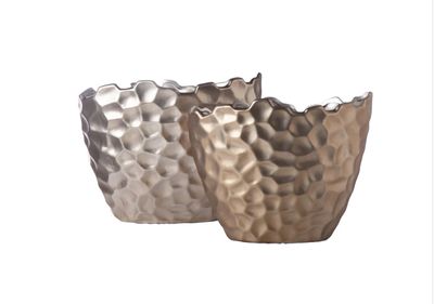 10.5”H X8”W X 10”L SMALL DARK SILVER CERAMIC GEOMETRIC TALL BOAT EYE VASE