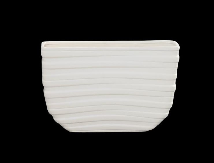 9.25”H X 5” X 14”L  WHITE RECTANGLE EYE VASE WITH ALTERNATE BANDED