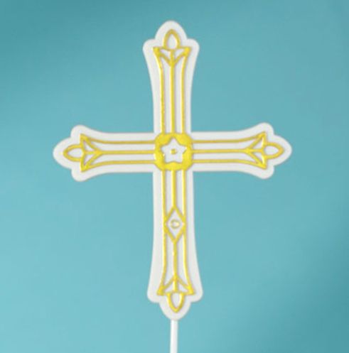4” X 5” GOLD CROSS PICK, GOLD ON WHITE WITH WHITE STICK