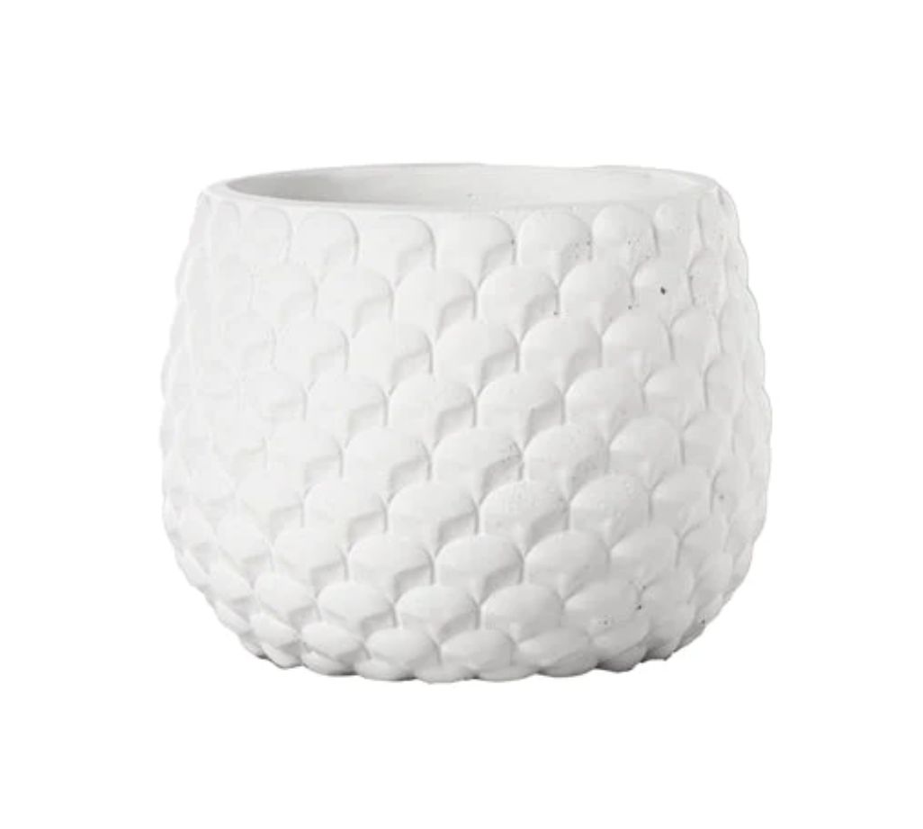 6.25”H X 8” WHITE LARGE Cement Round Pot with Embossed Geometric Pattern Design Body