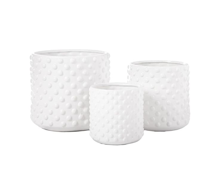 6.5” X 6.5” MEDIUM Matte White Round Ceramic Pot with Embossed Dotted Pattern Design Body