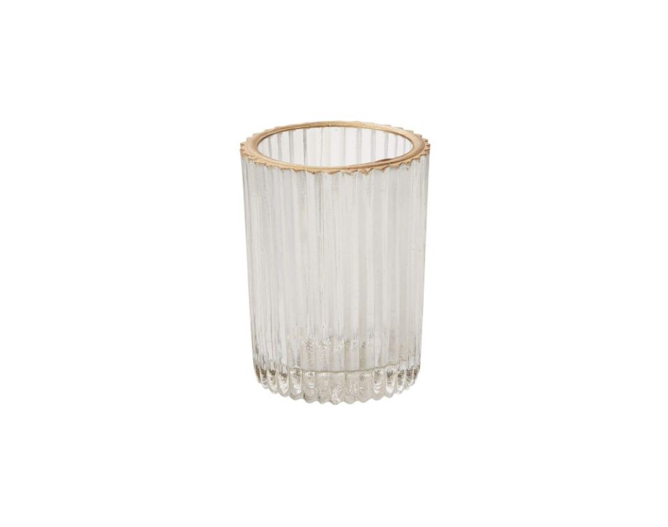 3”H X 3.5” CLEAR GLASS FLUTED RITZY VOTIVE WITH GOLD LIP