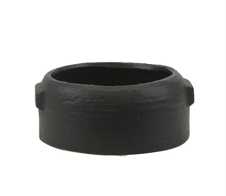 3.5”H X 8” BLACK ZINTO LOW AND WIDE CERAMIC PLANTER WITH SMALL HANDLE