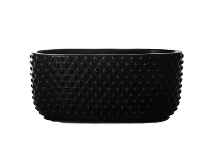 4.75"H X 5.5” X 10.25” MATTE BLACK Ceramic Low Oval Vase with Embossed Dotted Pattern Design Body