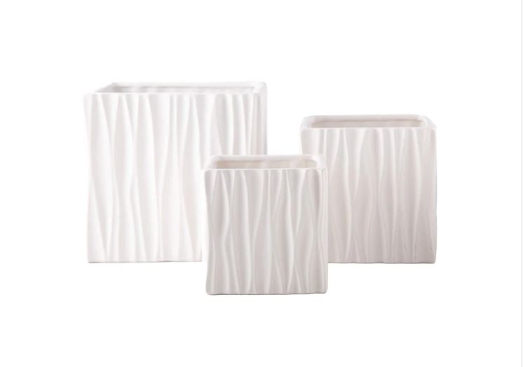 7.5”H X 8” X 8” LARGE WHITE CERAMIC SQAURE POT WITH SEAMLESS WAVE