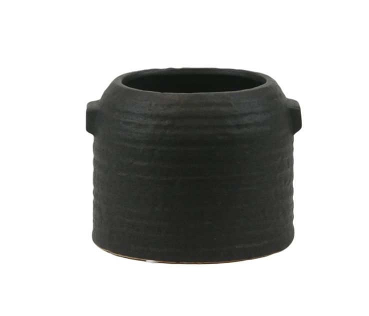 4.75”H X 6.5” BLACK ZINTO LOW AND WIDE CERAMIC PLANTER WITH SMALL HANDLE
