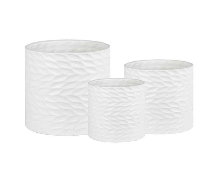 7.5”H X 8” LARGE WHITE CERAMIC CYLINDER WITH ABSTRACT DESIGN