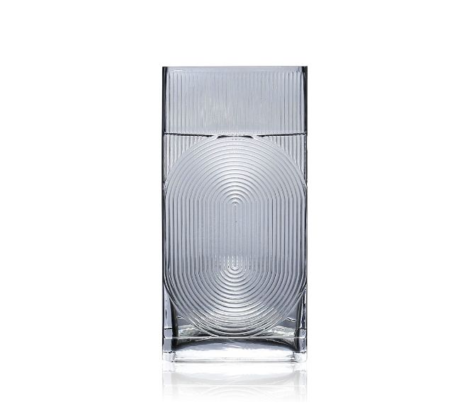 50% off was $30 now $15. 12”H X 6” X 2.75” GREY GLASS RIBBED/FLUTED RECTANGLE