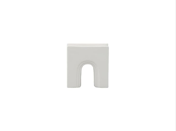 50% off was $14 now $7. 6.5"H X 6.25”L X 2.5”W MATTE WHITE Ceramic Rectangle Vase with Top Opening and Lower Archway Stair Hole