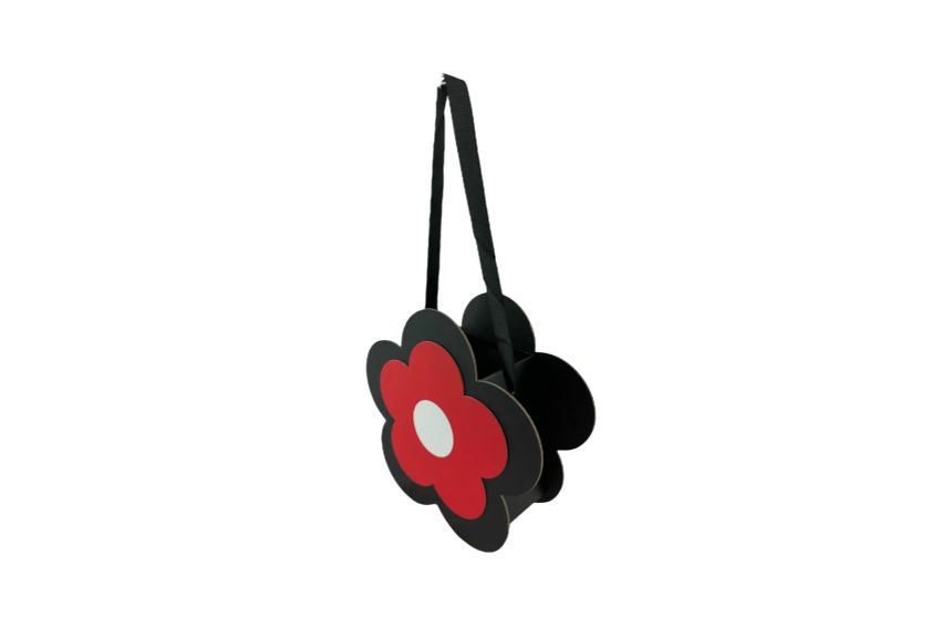 9.5" x 9.5" x 3.5" FLOWER STYLED FLORAL BAG, BLACK W RED FLOWER, REG $9.99