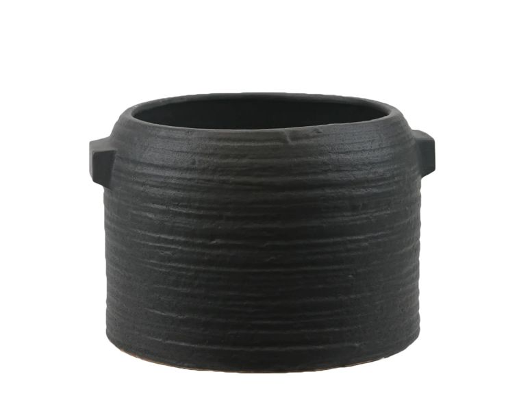 8.5”H X 12.5” BLACK ZINTO LOW AND WIDE CERAMIC PLANTER WITH SMALL HANDLE