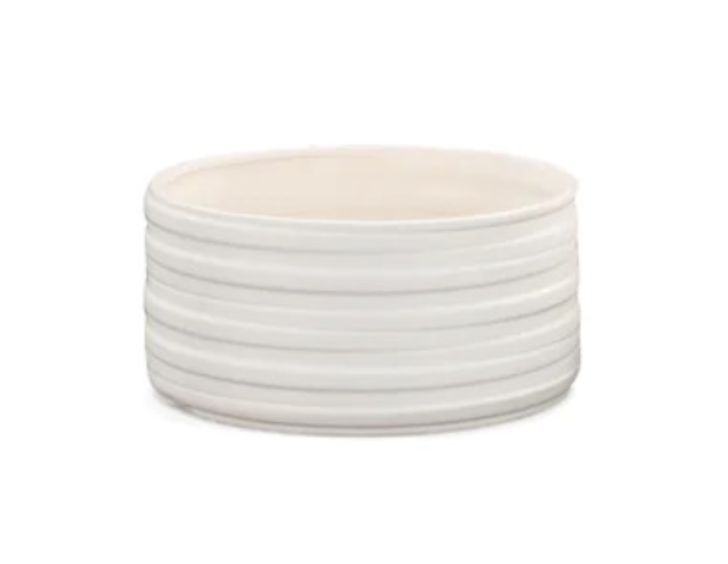 6.25”H X 13.25” LARGE MATTE WHITE LOW CERAMIC CYLINDER EMBOSSED BANDED
