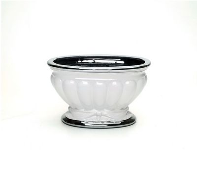 40% off was $30 now $18. 6.75”H X 11”W X 6.75” CERAMIC OVAL COMPOTE VASE WHITE WITH SILVER