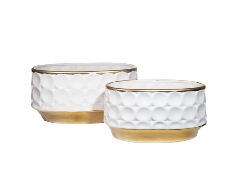 6.5”H X 13.5” X 8.5”W LARGE MATTE WHITE CERAMIC WITH GOLD OVAL POT DOTTED
