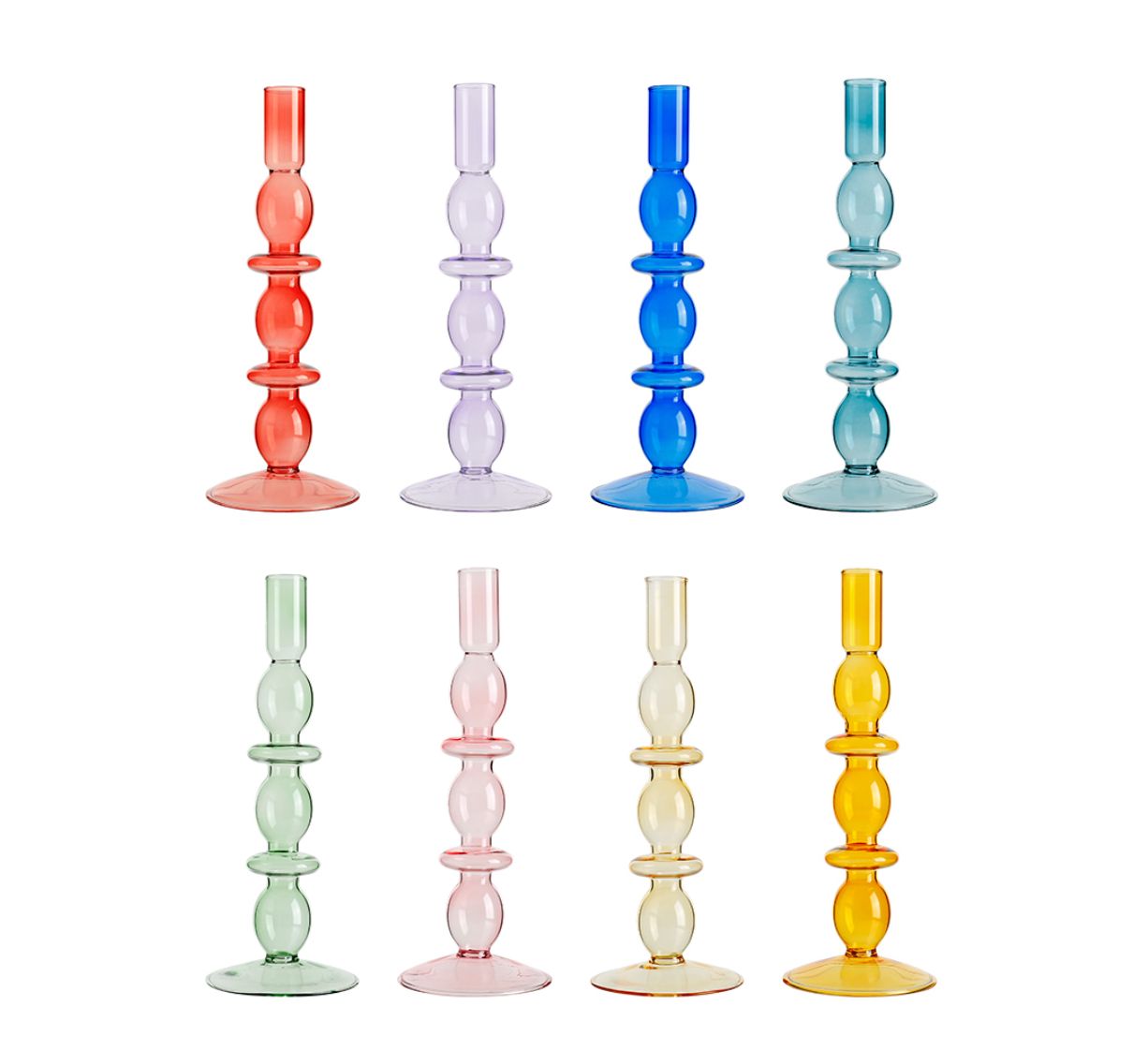 10.5”h x 3.5” GLASS TAPER CANDLE HOLDER, CAN ALSO BE USED AS A BUD VASE (PRICE PER EACH, BOX HAS ASSORTMENT)