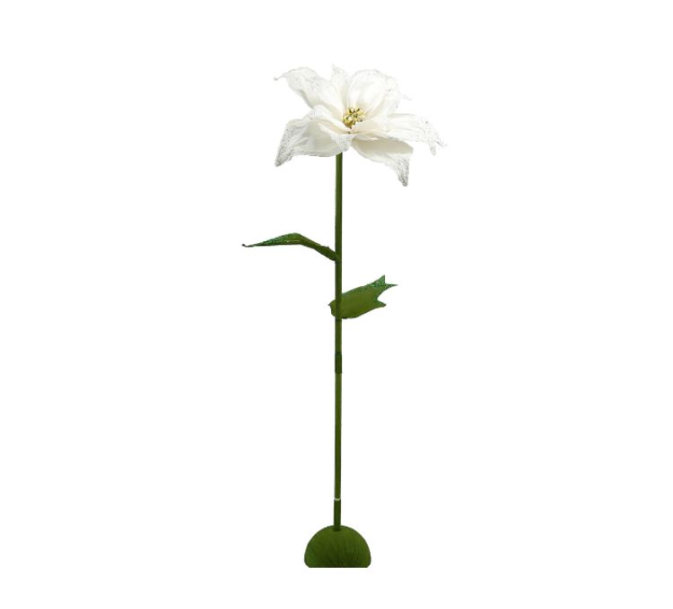 50% off was $40 now $20. 71”H WHITE WITH GLTTER TALL PAPER FLOWER POINSETTIA STAND WITH GOLD BELLS