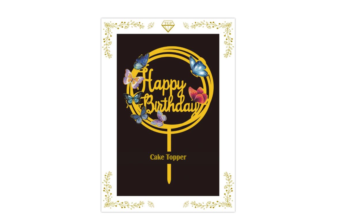 “HAPPY BIRTHDAY” GOLD WITH FLOWERS CAKE TOPPER