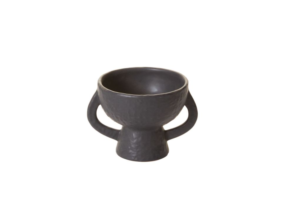 4.75”H X 5.75” X 6.5” BLACK CERAMIC MITLA FOOTED COMPOTE