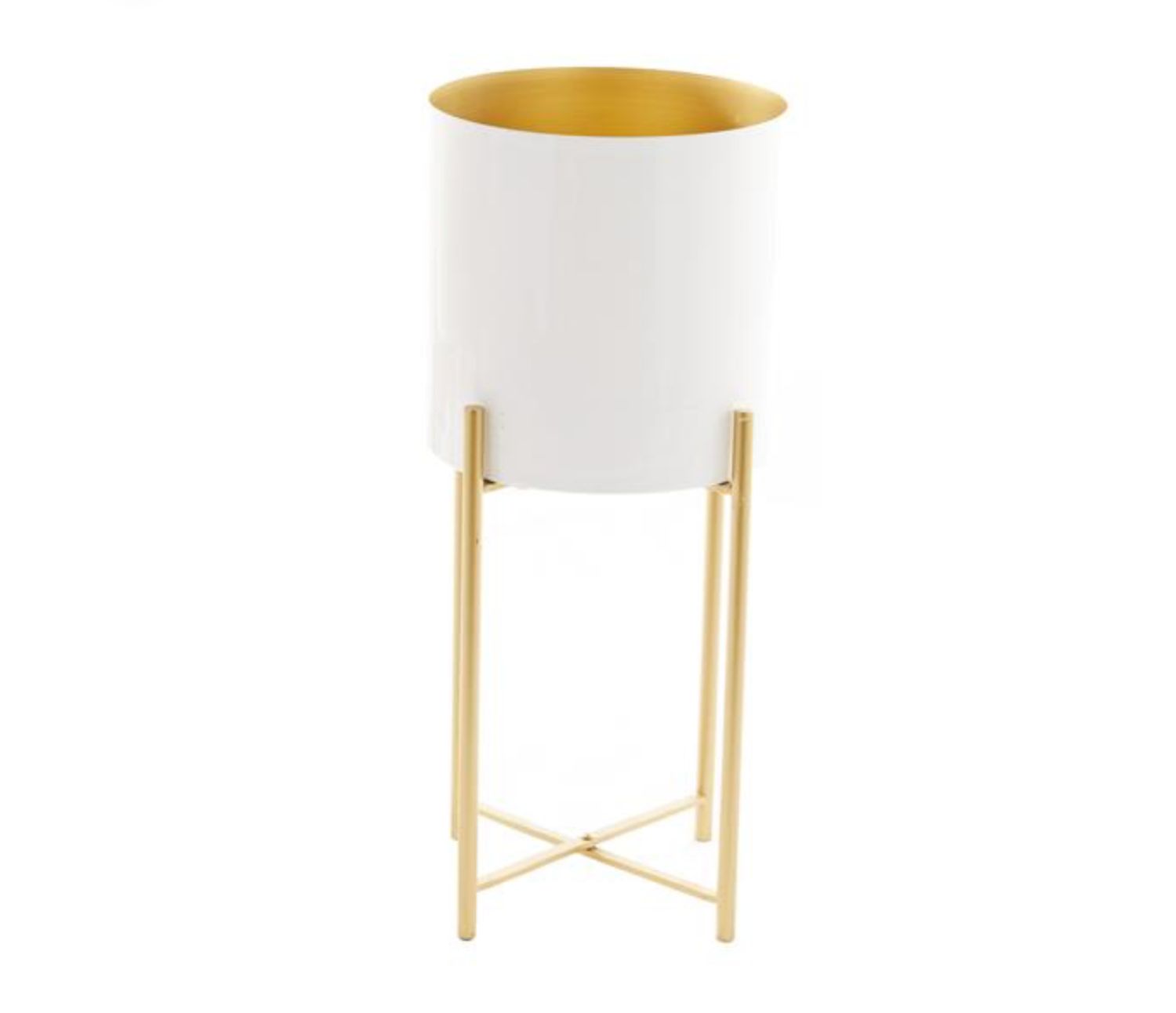 24”H X 10” LARGE WHITE METAL PLANTER WITH REMOVABLE GOLD STAND (NOT WATER TIGHT)