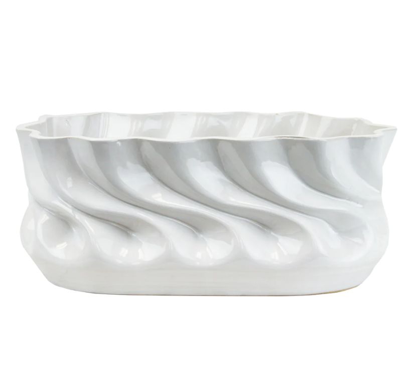 4.75”H X 12” X 6.75” WHITE GLOSSY CERAMIC RIPPLE VASE
