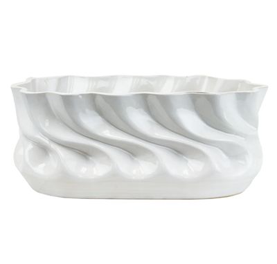 4.75”H X 12” X 6.75” WHITE GLOSSY CERAMIC RIPPLE VASE