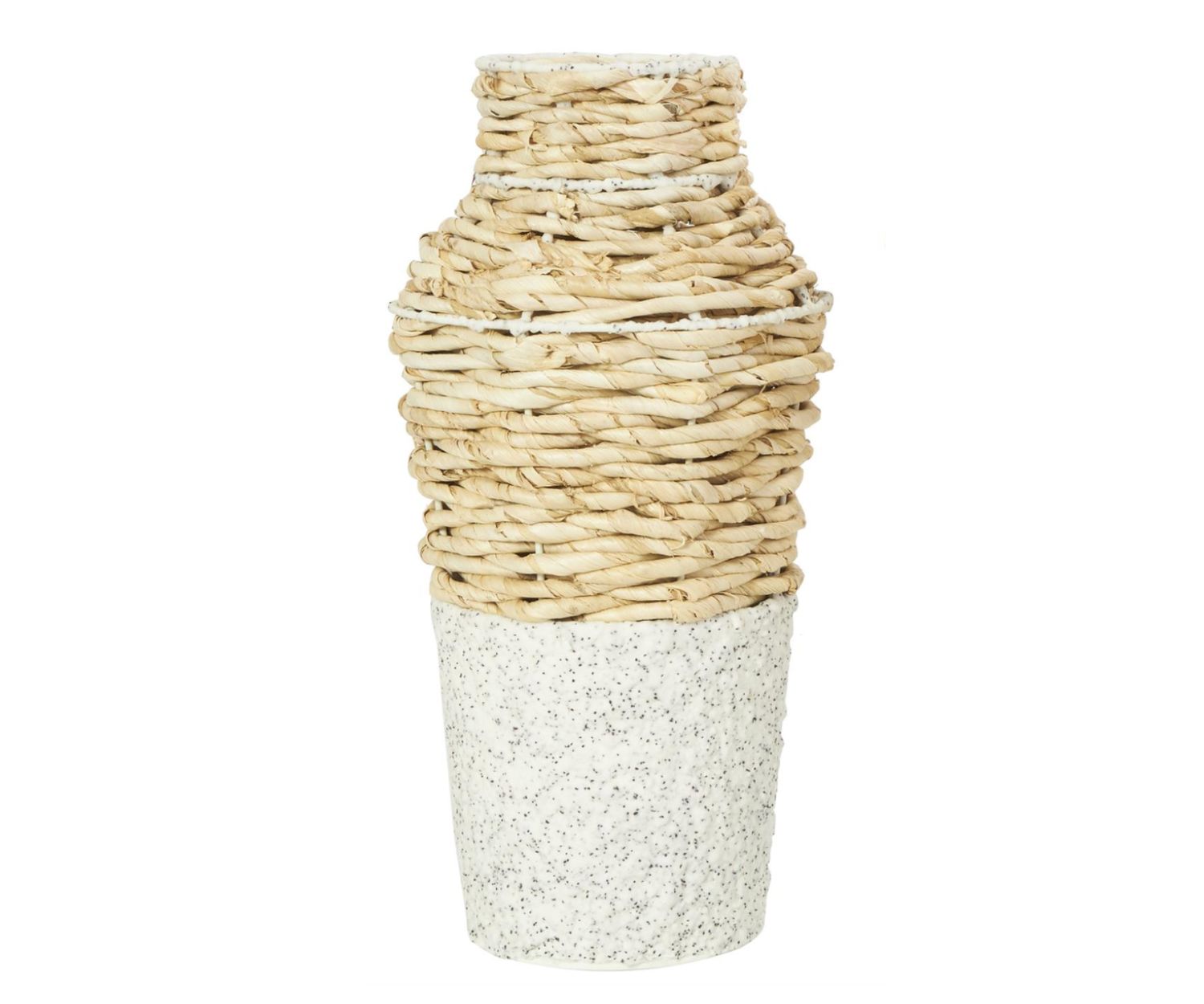 16”h x 7.75” LARGE BROWN SEAGRASS WOVEN VASE WITH SPECKLED BLACK AND WHITE BASES (NOT WATER TIGHT)