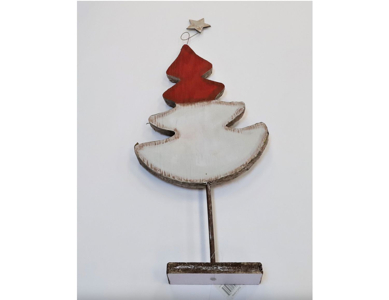 25.6”H X 2.5”W X 10.5”L WHITE AND RED WOOD CHRISTMAS TREE