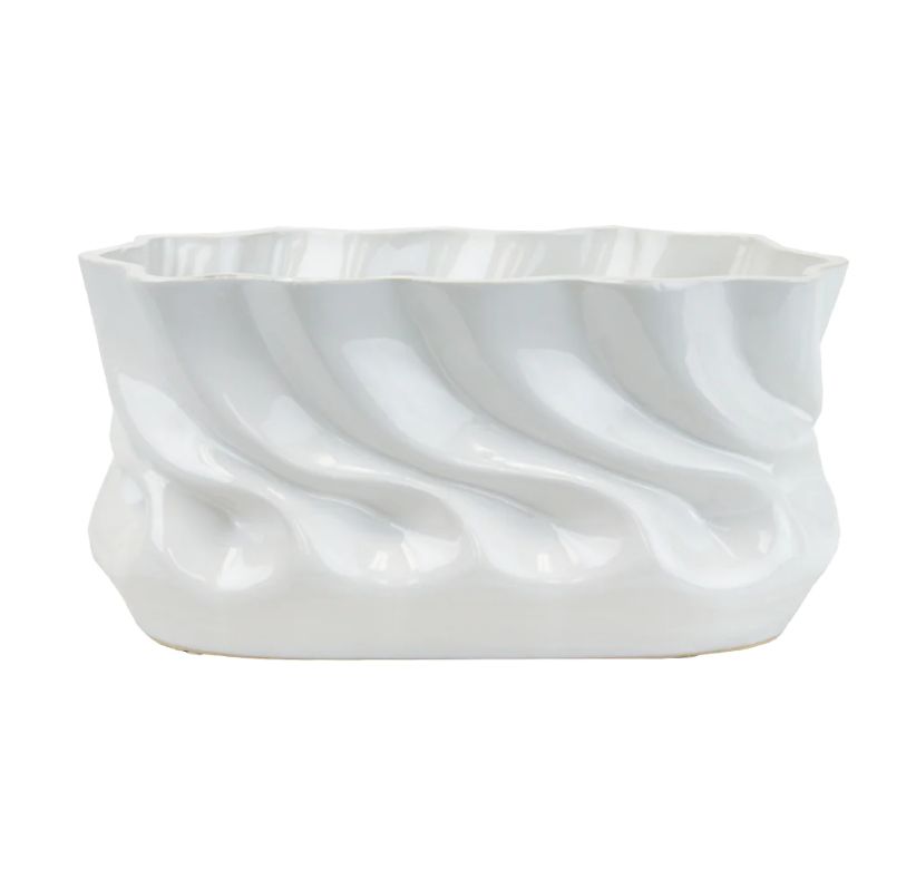 5”H X 10” X 5.5” WHITE GLOSSY CERAMIC RIPPLE VASE