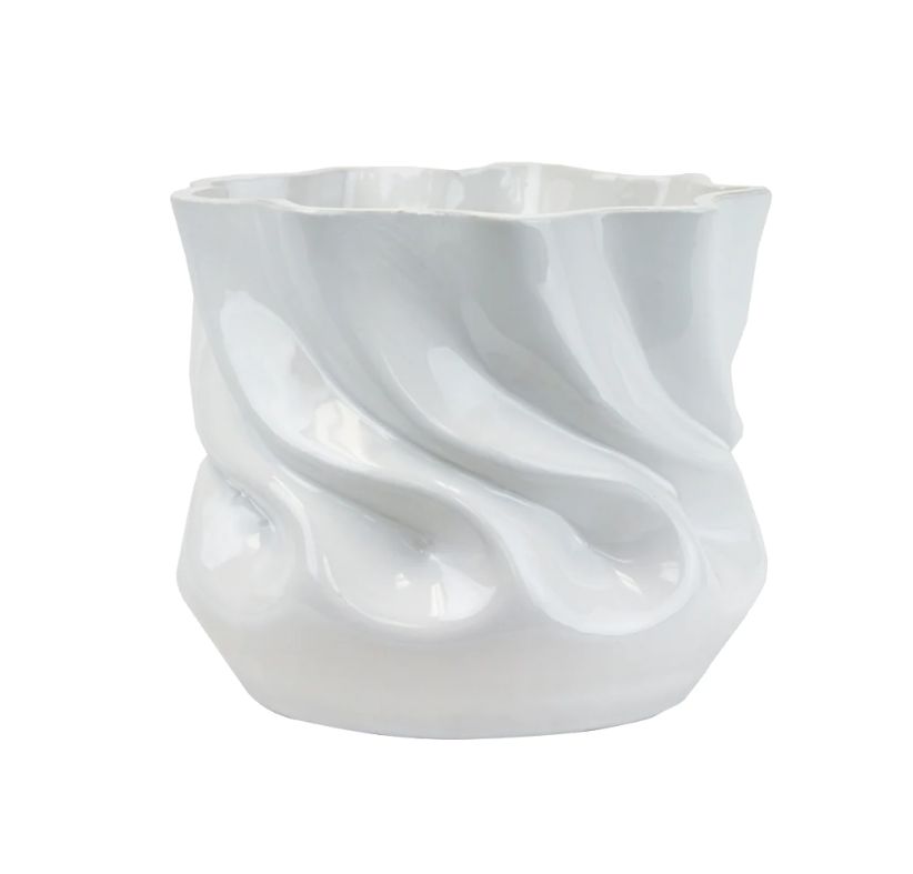 6.5”H X 7.75” WHITE GLOSSY CERAMIC RIPPLE VASE