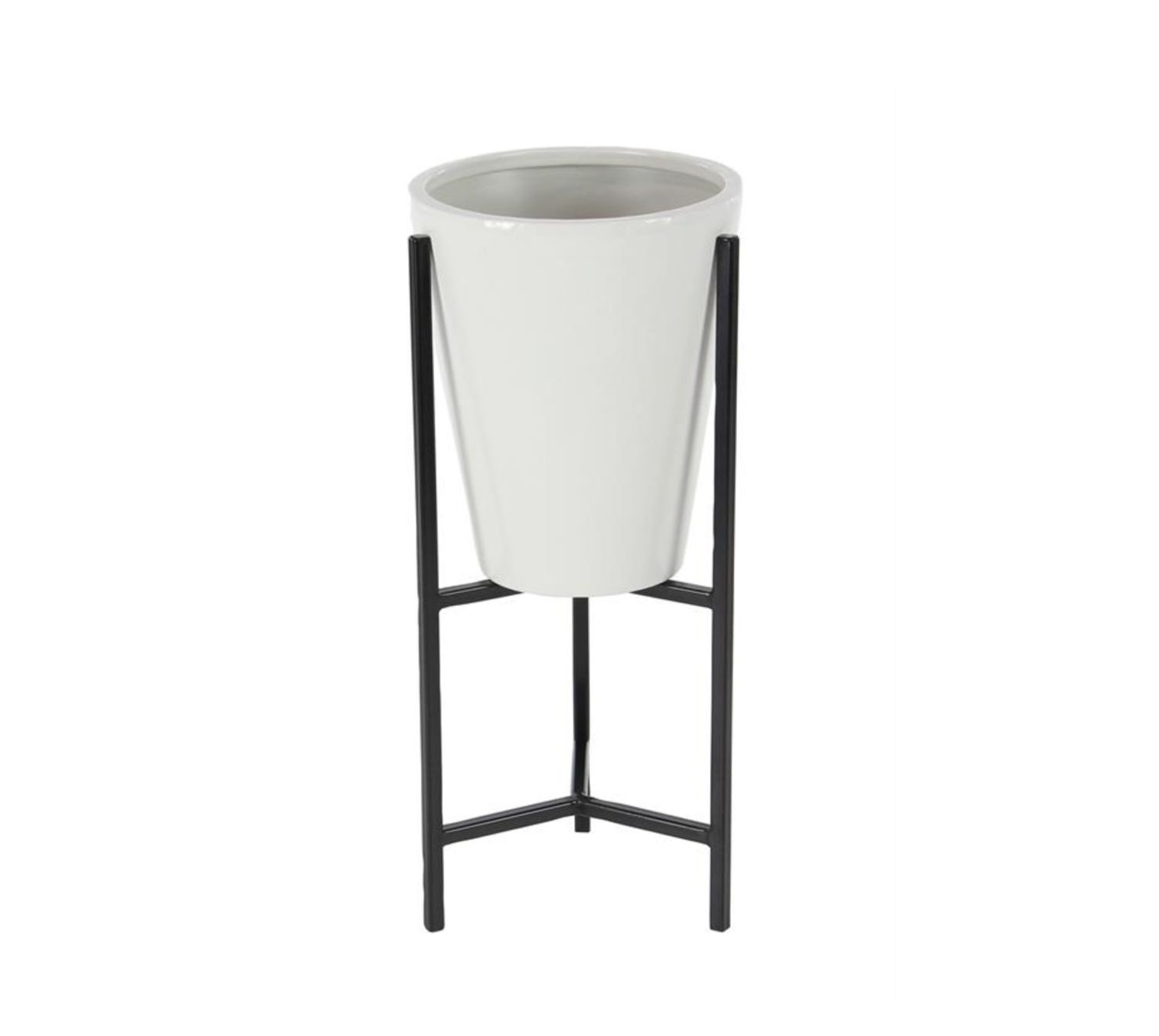 50% off was $35 now #17.50. 25”H X 12” MEDIUM GLOSSY WHITE TAPERED MODERN METAL PLANTER WITH METAL STAND (NOT WATER TIGHT)