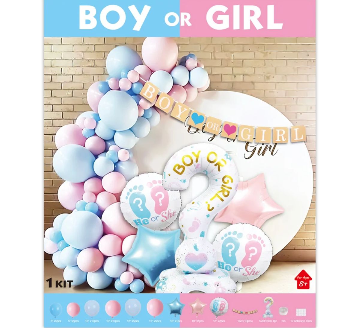 GENDER REVAL BALLOON KIT “BOY OR GIRL” LATEX AND MYLAR BALLOONS INCLUDED